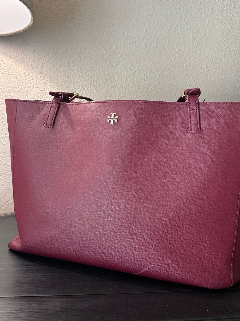 Tory Burch Plum Saffiano Leather York Buckle Tote Bag Burgundy Work Bag